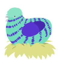 Yogurt, a mint and indigo chicken with a bar pattern