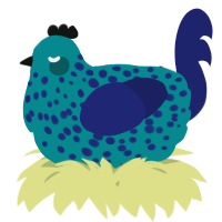 A teal and navy chicken with a speckle pattern