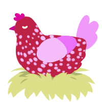 Good Vibes, a crimson and lavender chicken with a speckle pattern