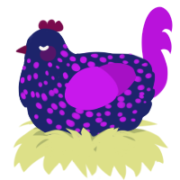 A navy and amethyst chicken with a speckle pattern