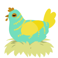 A mint and yellow chicken with a half-bar pattern