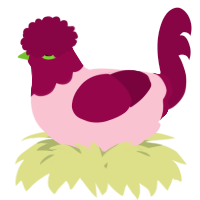 A rose and maroon chicken with a head pattern