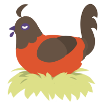 Boo, a vermilion and bark chicken with a head pattern