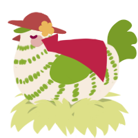 A cream and chartreuse chicken with a bar pattern