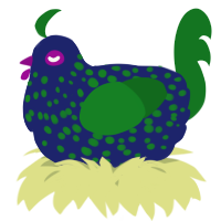 A navy and leaf chicken with a speckle pattern