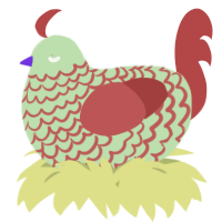 A gluppy and red chicken with a lace pattern