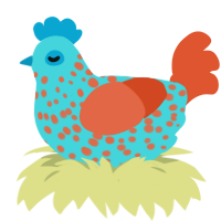 Misprint, a aqua and vermilion chicken with a speckle pattern