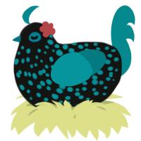 A black and teal chicken with a speckle pattern