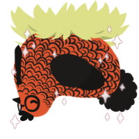 A vermilion and sable chicken with a double-lace pattern