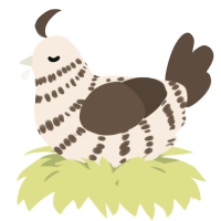A cream and bark chicken with a bar pattern