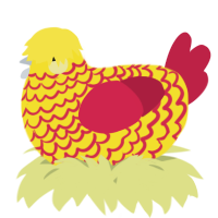 A yellow and crimson chicken with a lace pattern