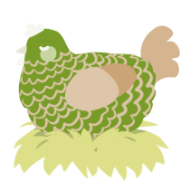 A chartreuse and beige chicken with a lace pattern