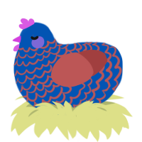 Stacy, a ultramarine and red chicken with a lace pattern