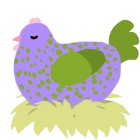 A lilac and chartreuse chicken with a speckle pattern