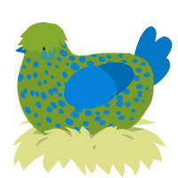 A chartreuse and sapphire chicken with a speckle pattern