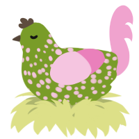 A chartreuse and pink chicken with a speckle pattern