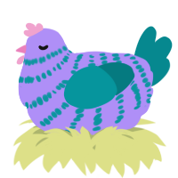 A lilac and teal chicken with a bar pattern