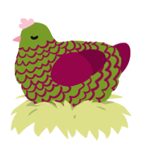 A chartreuse and maroon chicken with a lace pattern
