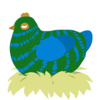 A leaf and sapphire chicken with a bar pattern