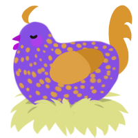 A blurple and orange chicken with a speckle pattern
