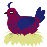 A maroon and navy chicken with a speckle pattern