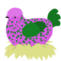 Strawberry, a orchid and leaf chicken with a speckle pattern
