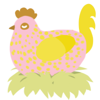 A rose and yellow chicken with a speckle pattern