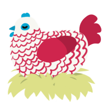 A white and crimson chicken with a lace pattern