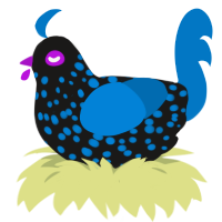 Glow, a sable and sapphire chicken with a speckle pattern