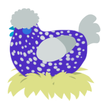 A indigo and silver chicken with a speckle pattern