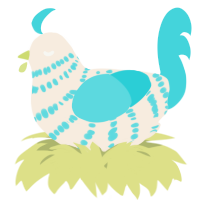 A cream and aqua chicken with a bar pattern