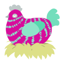 A fuchsia and mint chicken with a bar pattern
