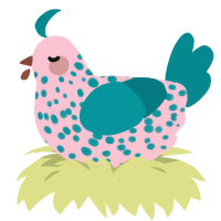 Alice, a rose and teal chicken with a speckle pattern