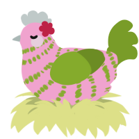 Rosie, a pink and chartreuse chicken with a bar pattern