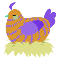 A orange and blurple chicken with a bar pattern