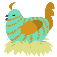 A mint and ochre chicken with a bar pattern