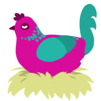 Raspberry Pi, a fuchsia and turquoise chicken with a neck-speckle pattern