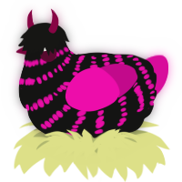 A black and fuchsia chicken with a bar pattern