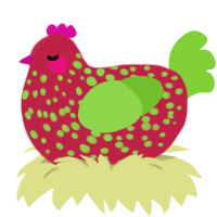 Strawberry, a crimson and grass chicken with a speckle pattern