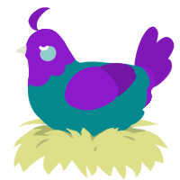 A teal and violet chicken with a head pattern