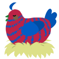 A crimson and ultramarine chicken with a bar pattern