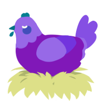 A violet and blurple chicken with a head pattern