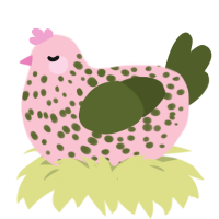 A rose and olive chicken with a speckle pattern