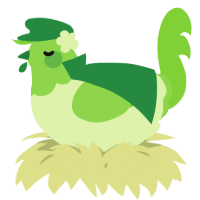 A apple and grass chicken with a head pattern