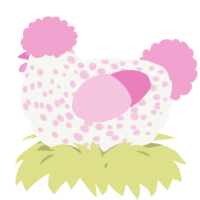 A white and pink chicken with a speckle pattern