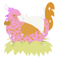 Happy, a pink and orange chicken with a speckle pattern