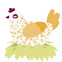 Poached egg, a white and honey chicken with a speckle pattern