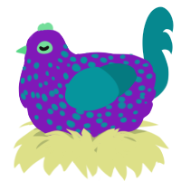 A violet and teal chicken with a speckle pattern