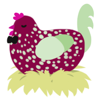 A maroon and gluppy chicken with a speckle pattern