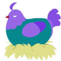 A teal and blurple chicken with a head pattern